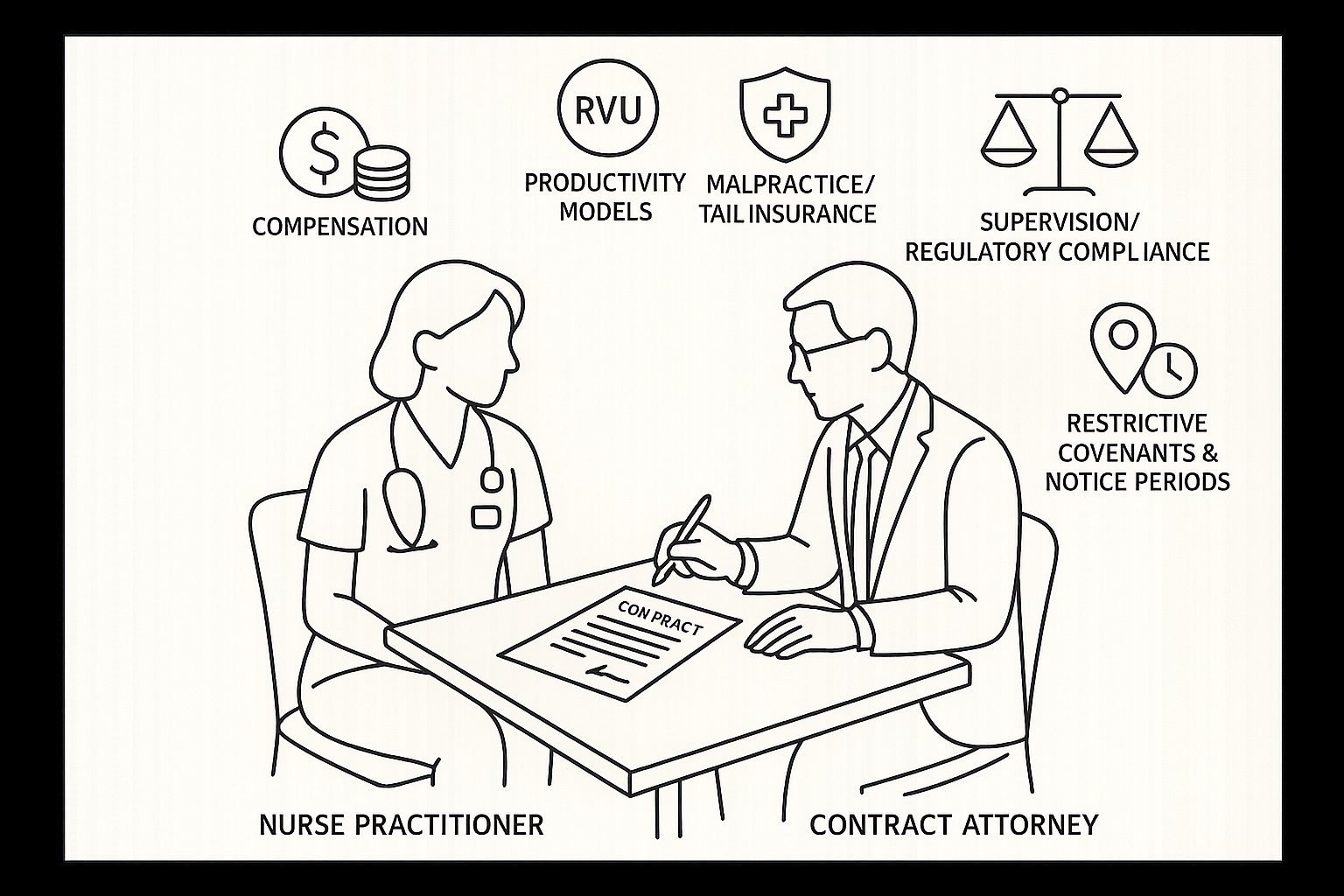 Nurse practitioner and attorney reviewing a contract with legal icons.