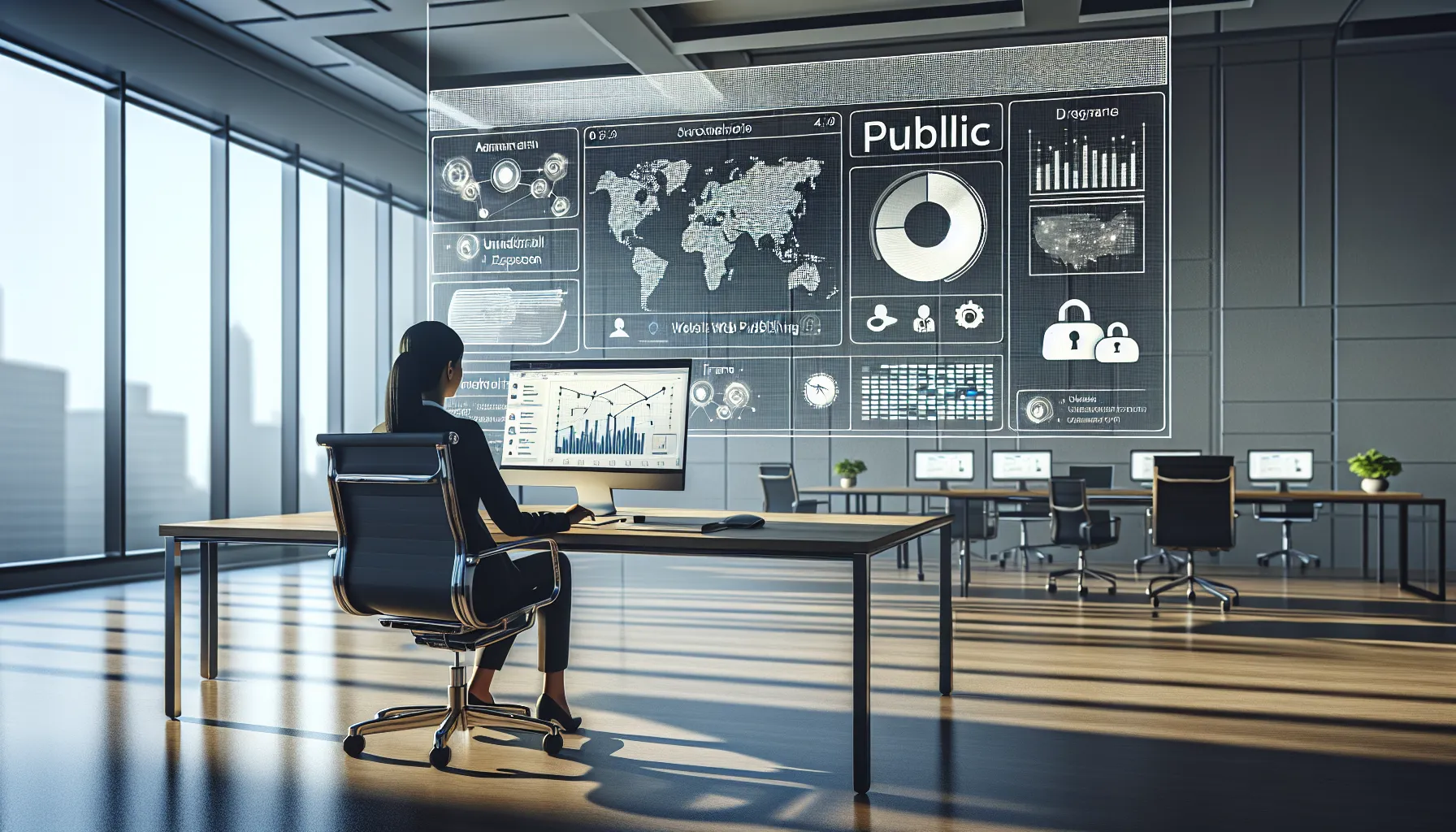 Analyst viewing a Power BI dashboard with Publish to Web highlighted and global access icons.