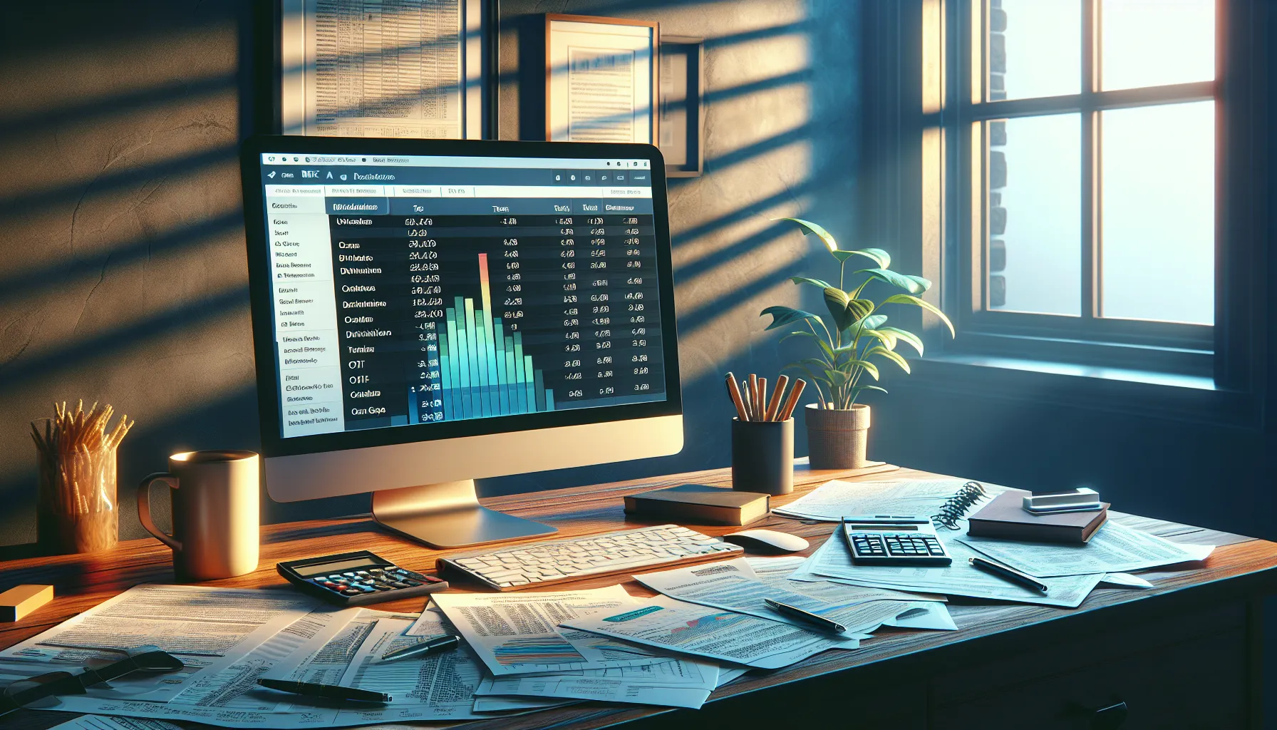 A workspace with financial documents, a computer displaying a tax chart, and conceptual dividend materials.
