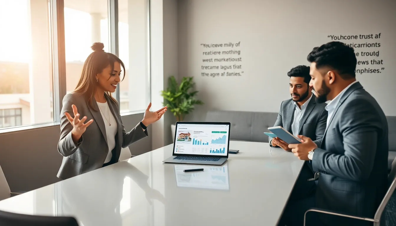 diverse team discussing real estate strategies in a modern office.