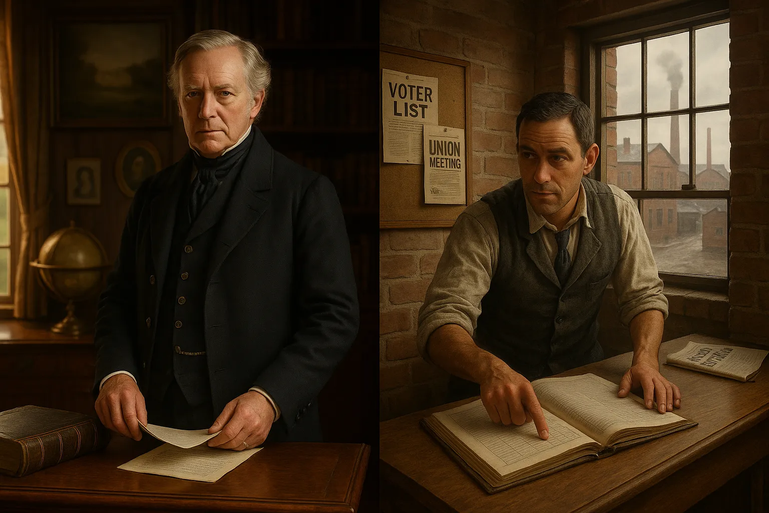 Aristocratic Lord Derby in a study contrasted with working-class Arthur Turner in a factory office.