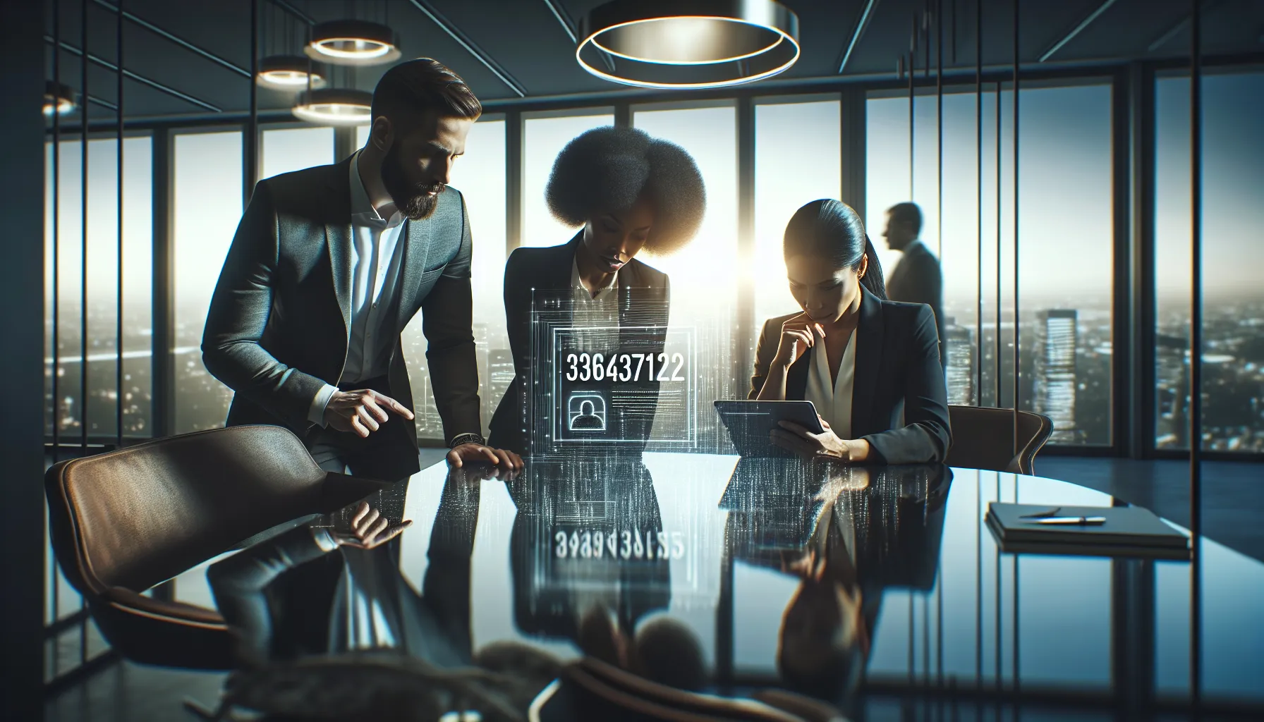 diverse professionals collaborating over a number analysis in a modern office.