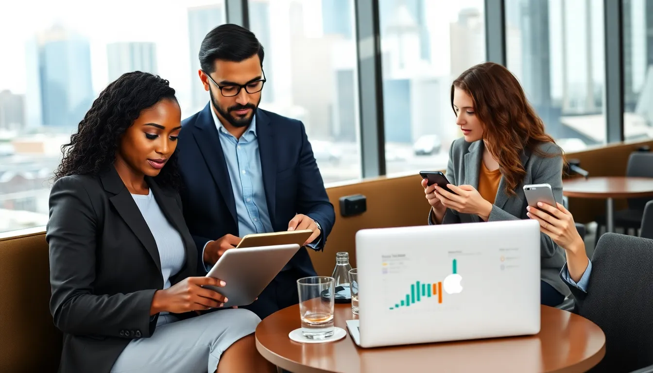 diverse professionals using mobile enterprise apps in a modern office setting.