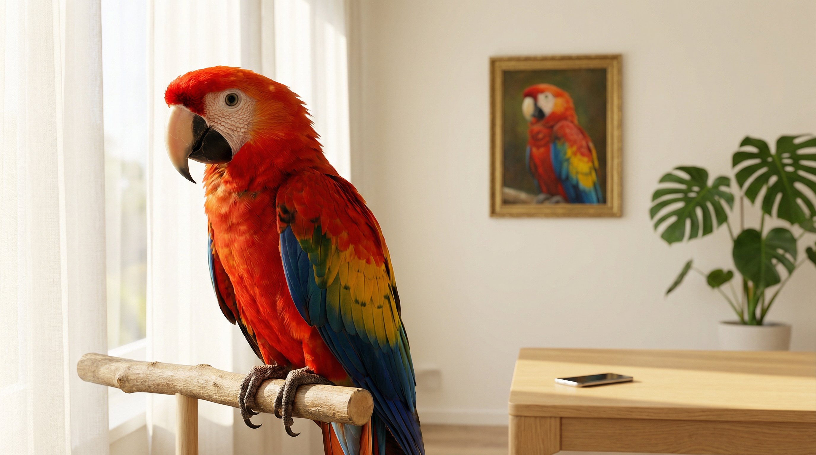 Close-up of a scarlet macaw by a sunlit window with a framed portrait nearby.