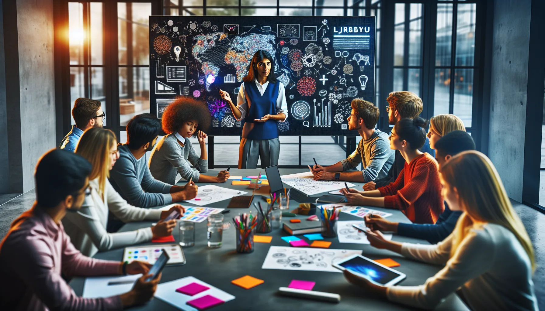 students collaborating on creative projects in a modern classroom.