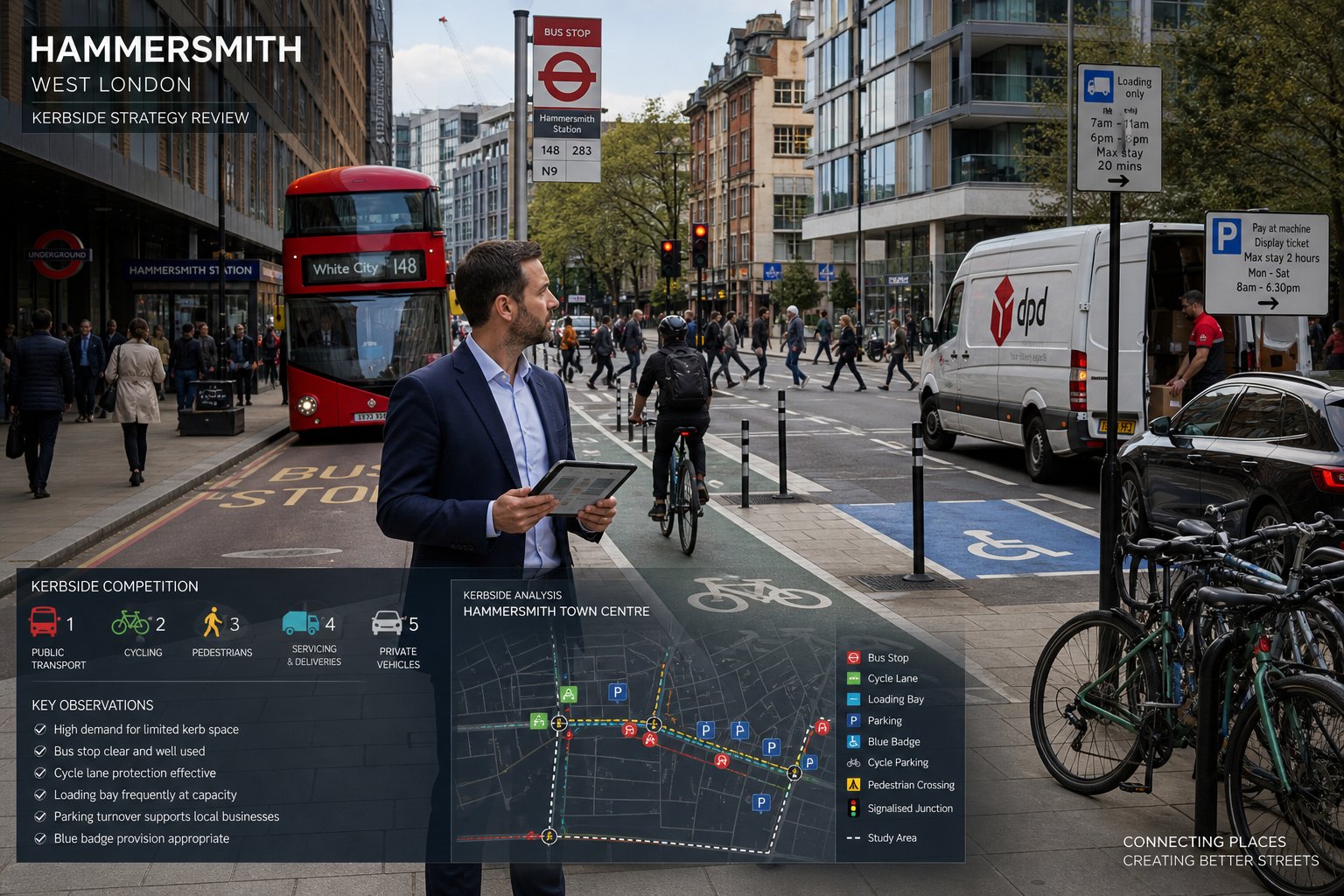 Traffic engineer assessing a busy Hammersmith street with buses, cyclists and parking.
