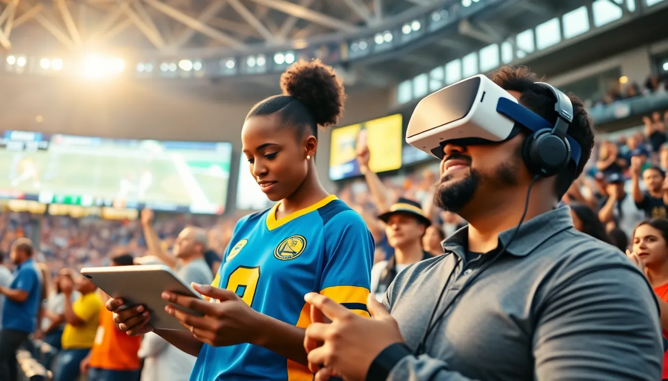 fans engaging with sports technology in a modern sports venue.