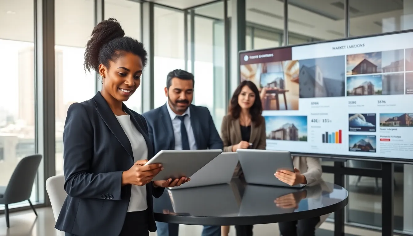 diverse team discussing real estate analysis in a modern office.