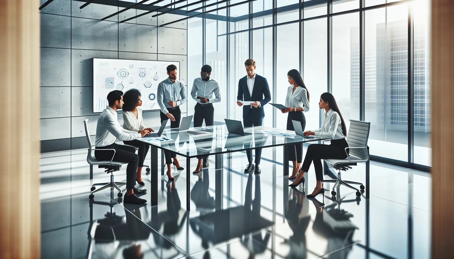 diverse team in a modern office discussing data analytics.