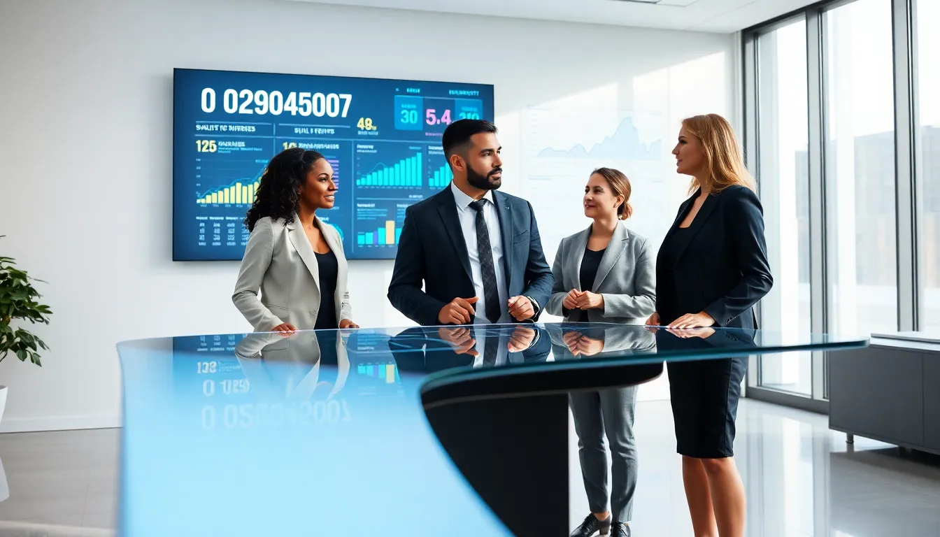 diverse team analyzing data in a modern office setting.