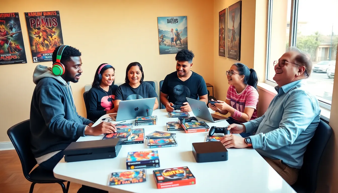 a diverse group of gamers discussing strategies in a cozy, vibrant setting.