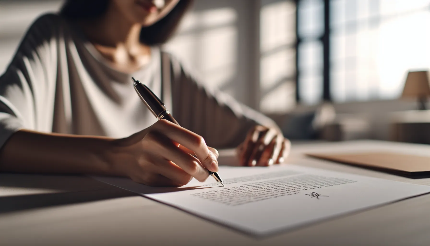 Hand writing personal document with pen on paper in home office