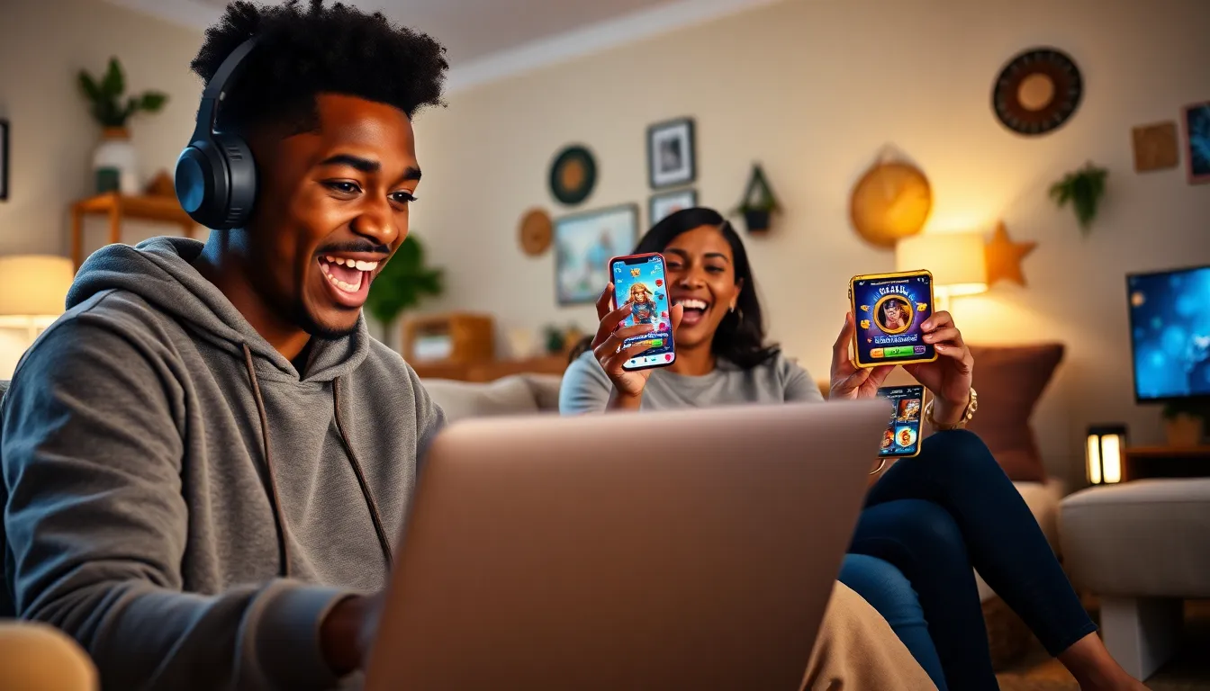 A diverse group of players excited over a gamified online slot game at home.