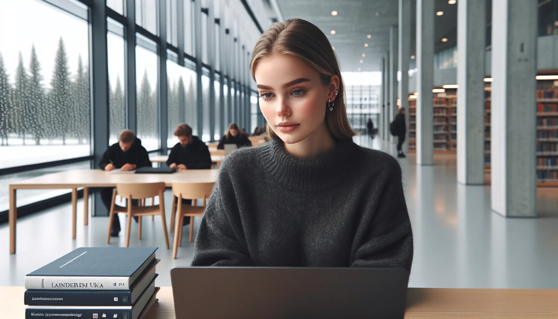 Norwegian student reviews in-demand, underrated job roles on a laptop at a campus library.
