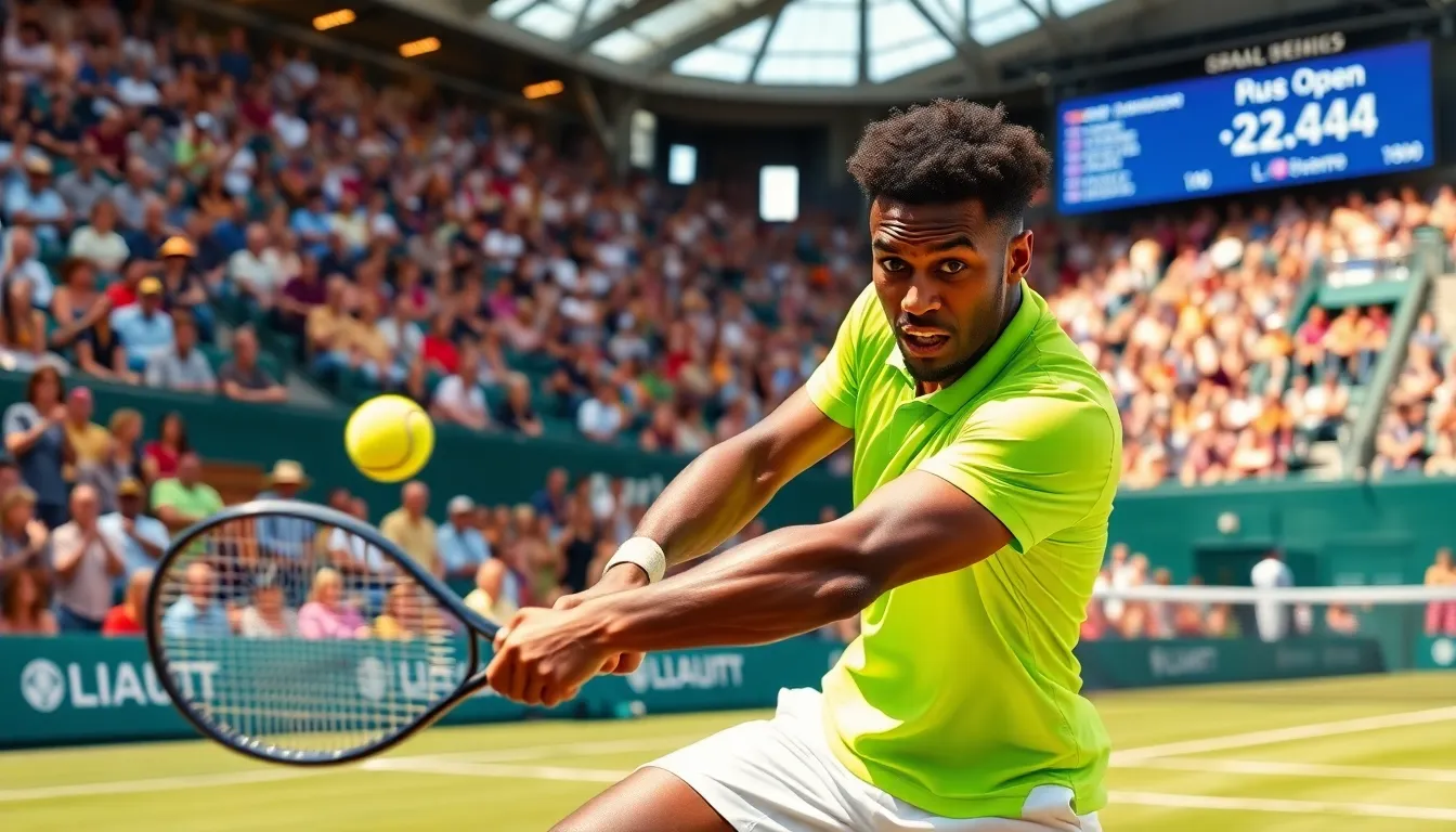 A male tennis player hitting a forehand shot during an intense match.
