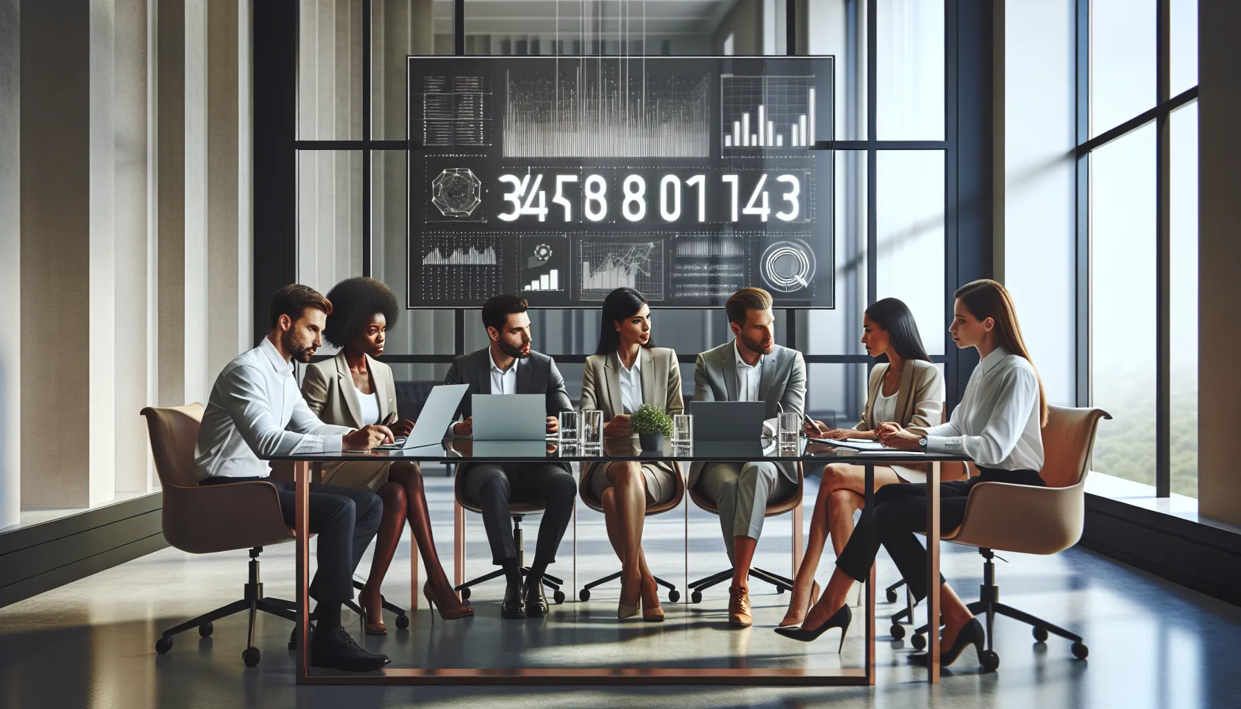 diverse professionals analyzing data around a conference table.