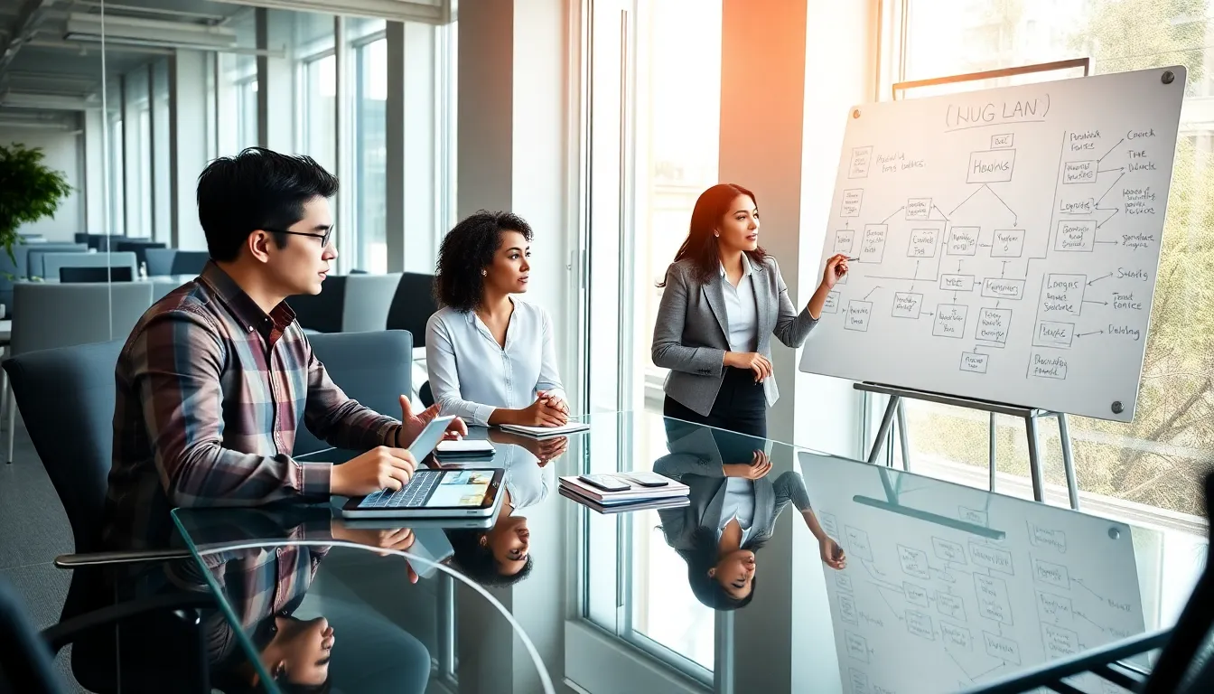 professionals collaborating on Alg language learning in a modern office.