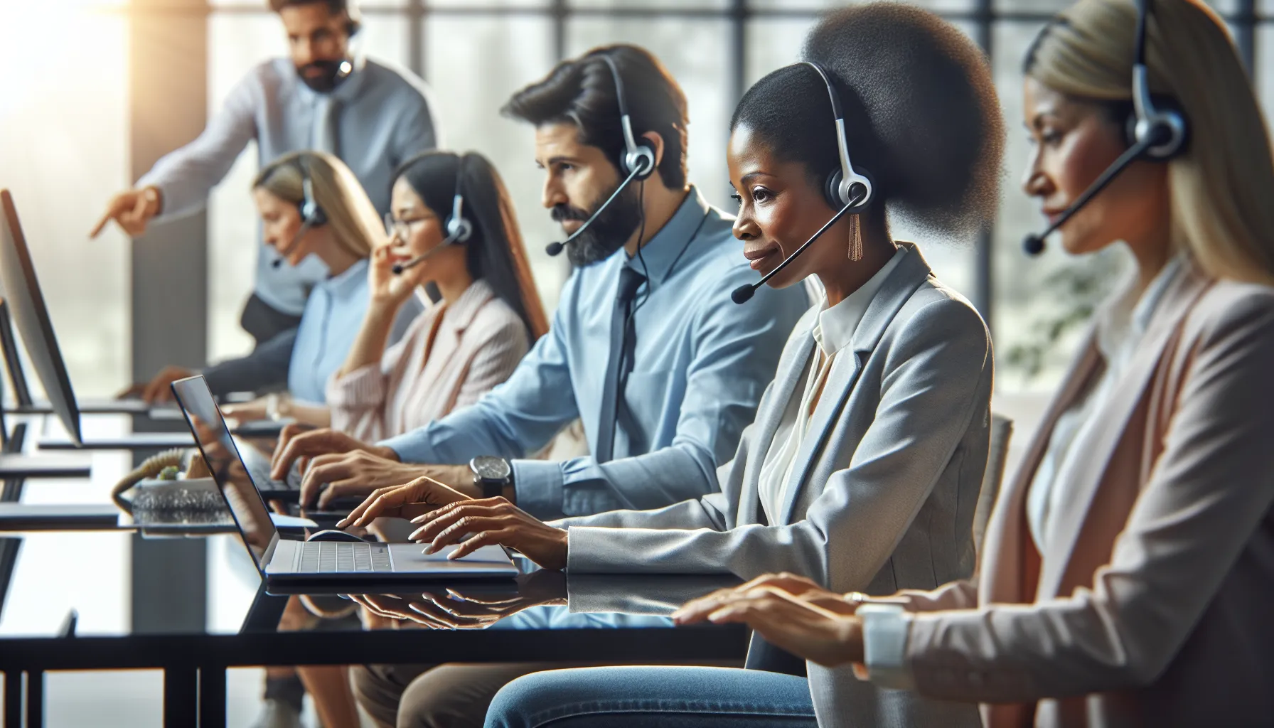 diverse professionals providing instant phone support in a modern office.