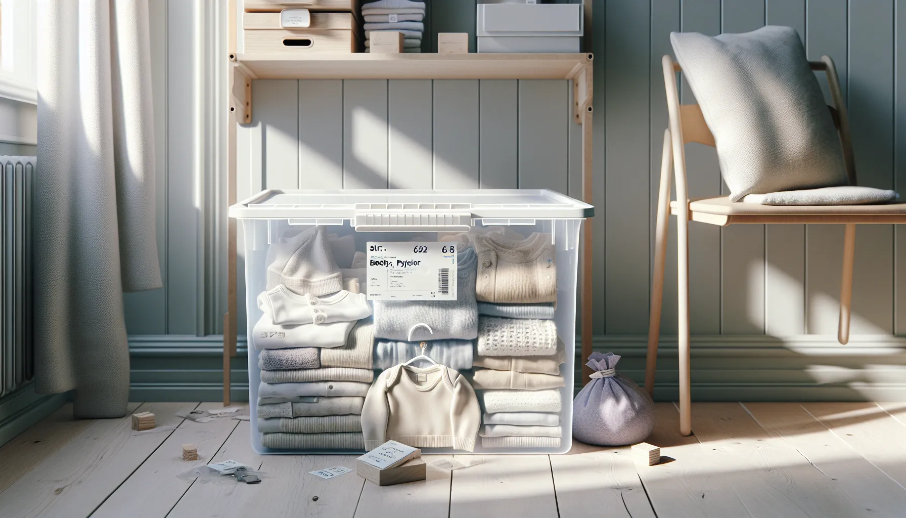 Hvordan oppbevare barneleker og klær for fremtidig bruk 2 Parent labeling a clear bin of kids’ clothes with vacuum-bagged snowsuit nearby.