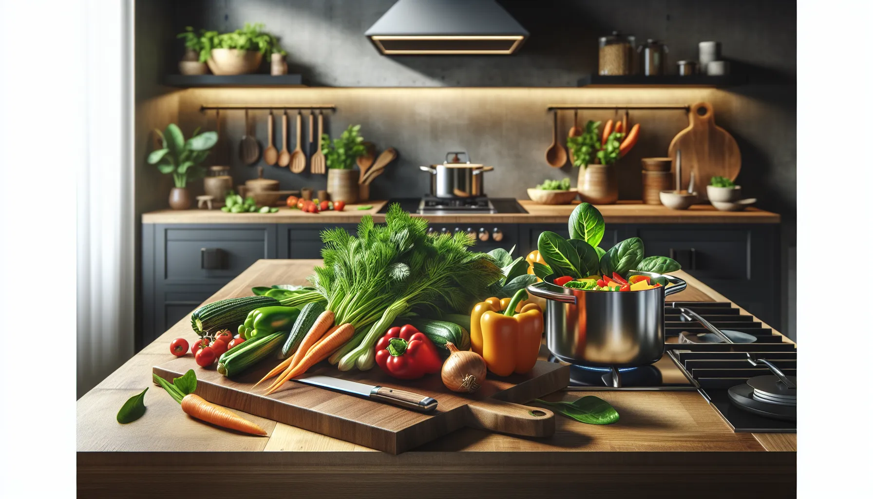 Fresh tibegalote and colorful vegetables in a modern kitchen.