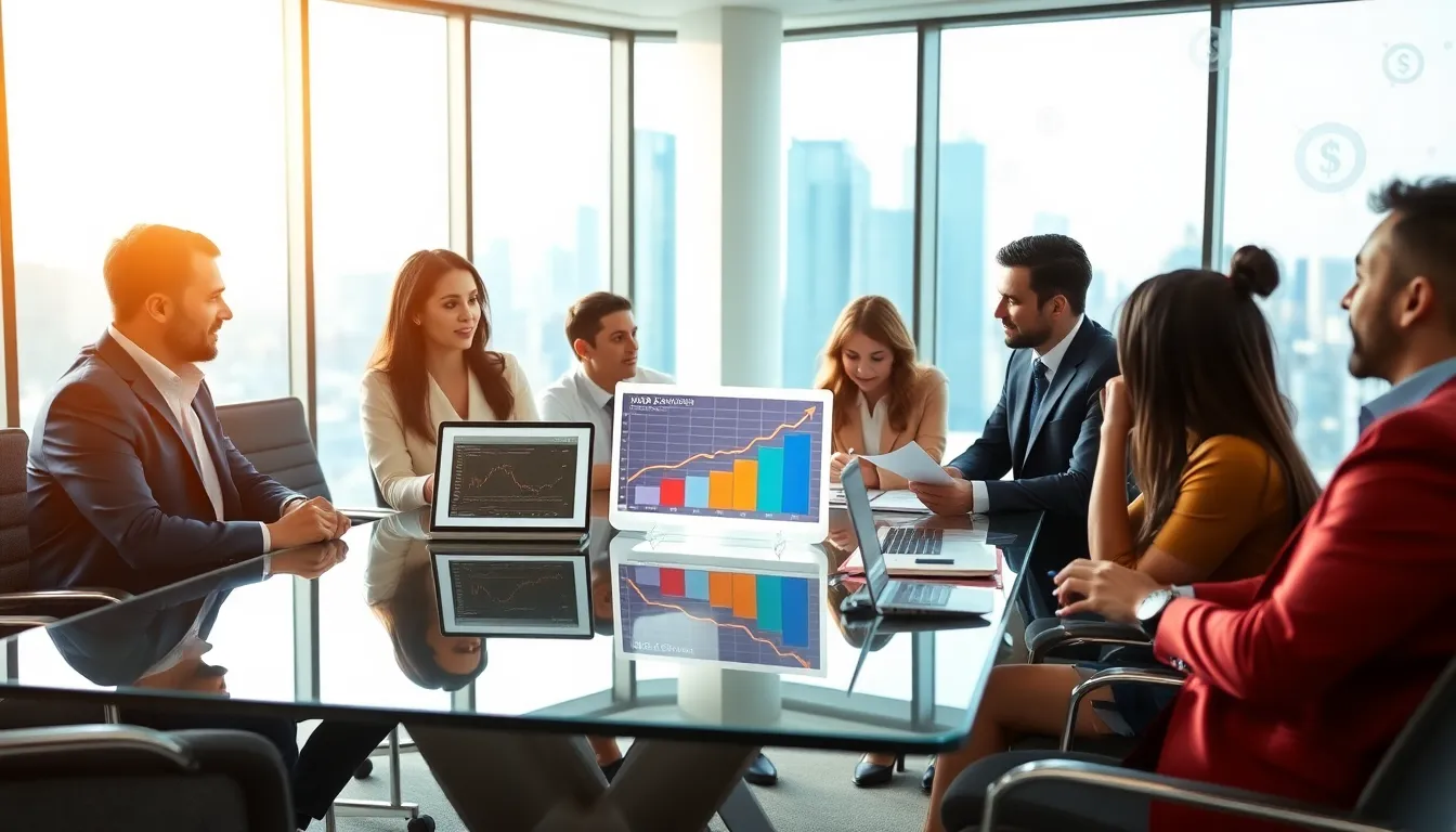 diverse professionals discussing cryptocurrency in a modern office.