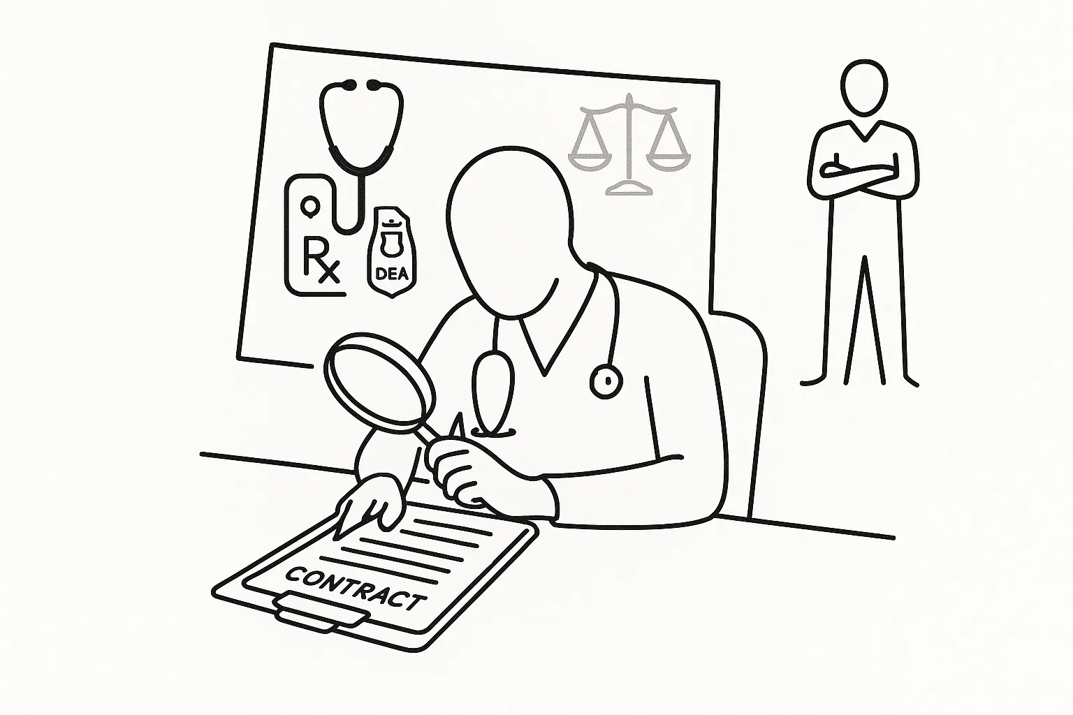 Physician assistant examining a contract with Wyoming outline and legal and medical icons of Wyoming Physician Assistant Contract Review.