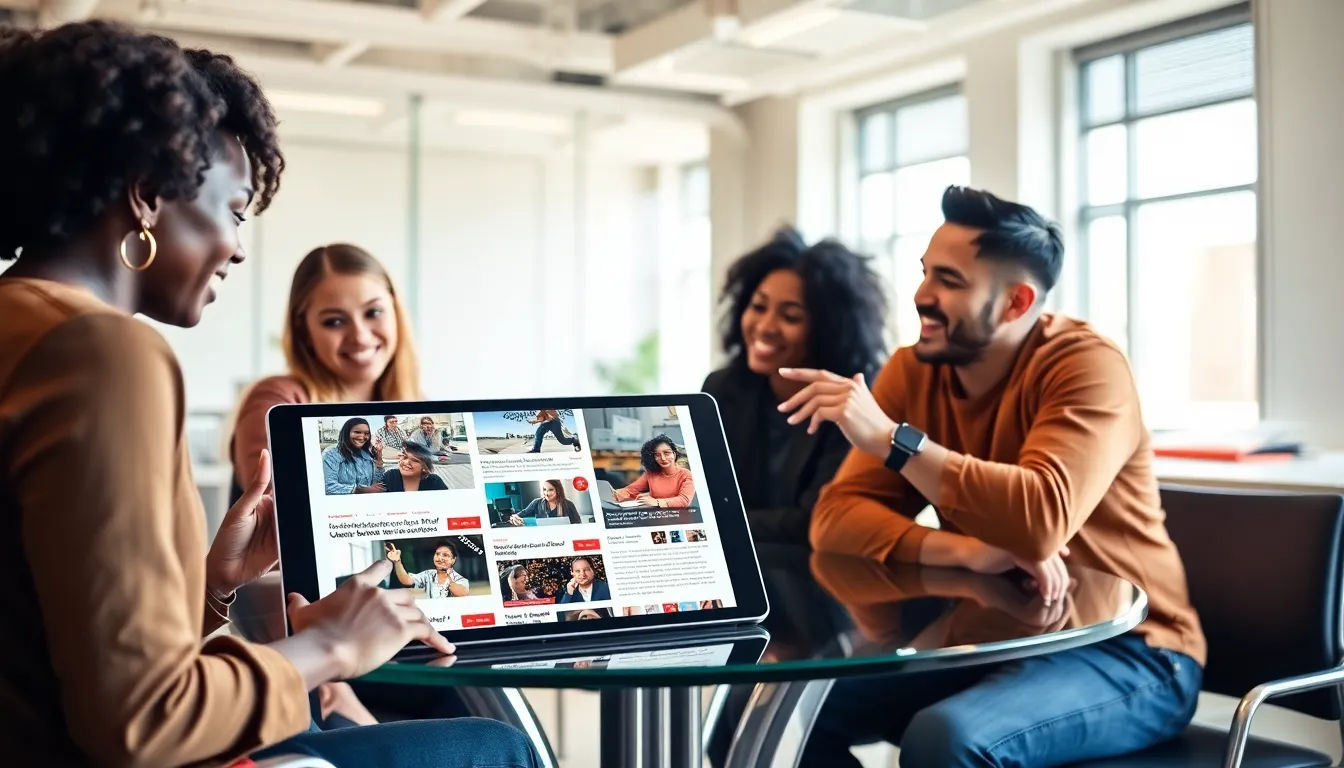 Diverse professionals discussing articles from a digital magazine.