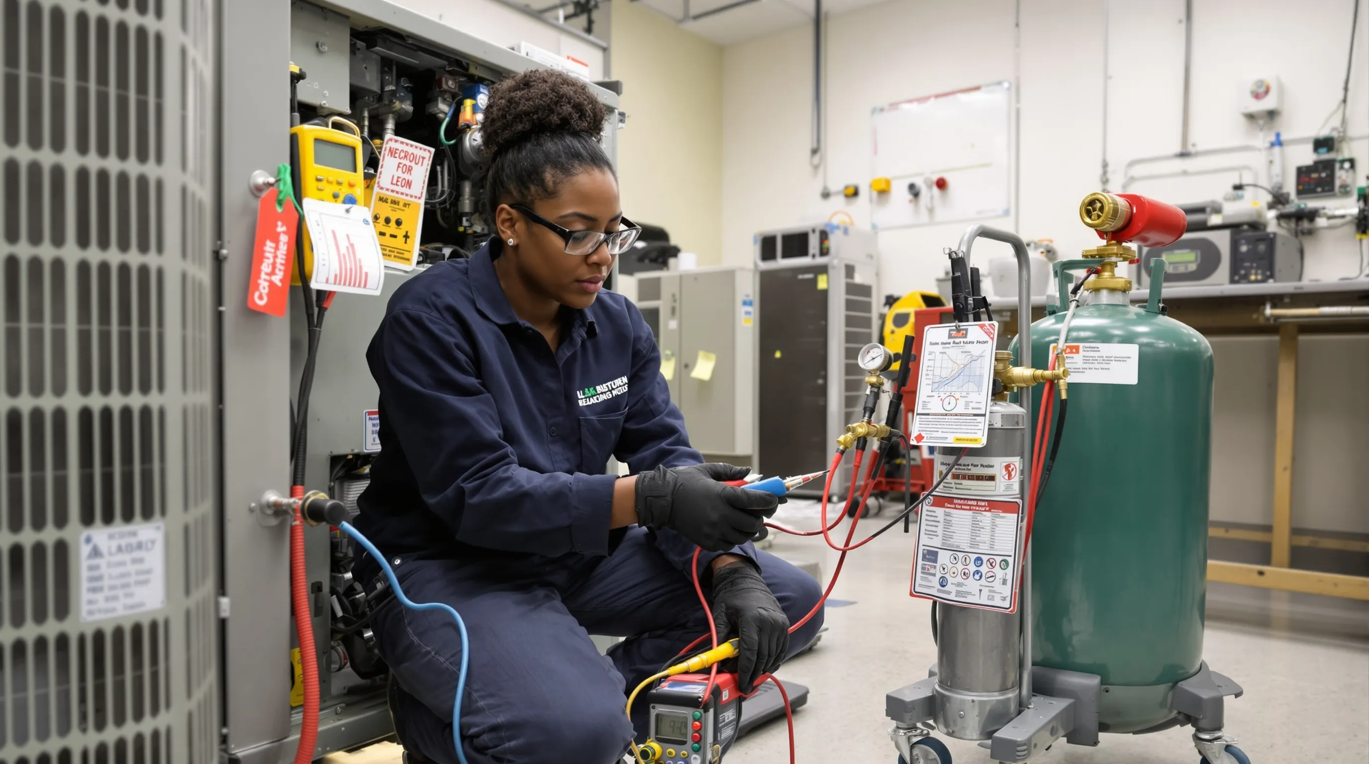HVAC student testing condenser with gauges and multimeter in a training lab.