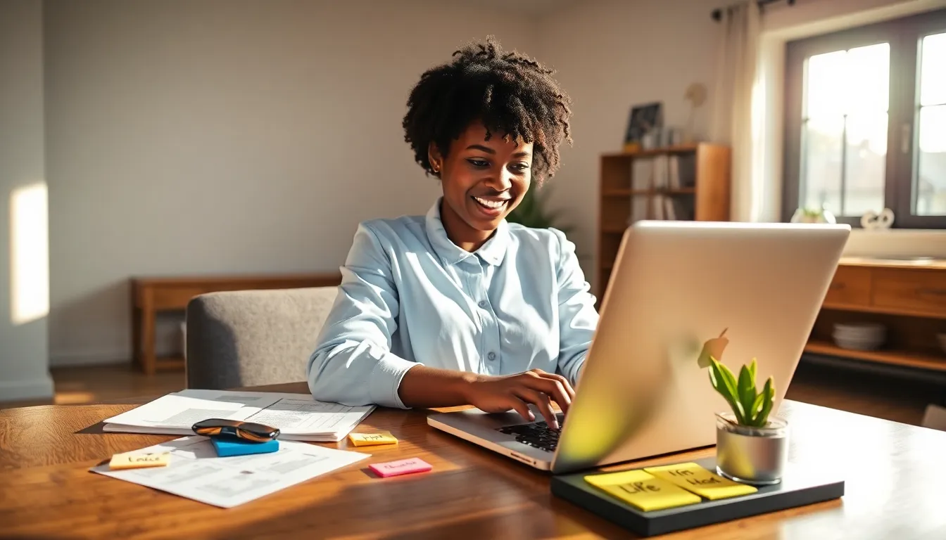 a woman using technology to simplify real estate tasks in a modern office.