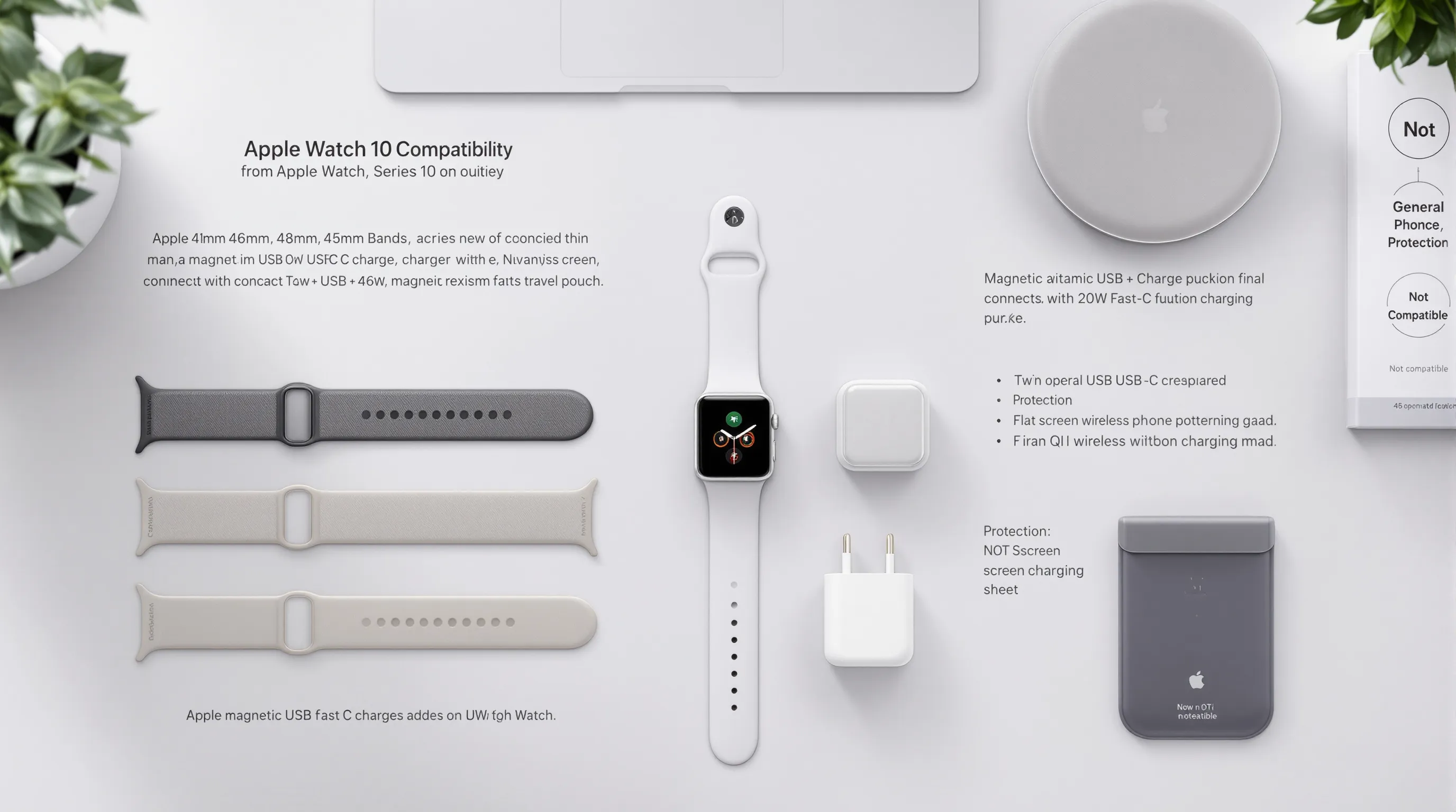Apple Watch Series 10 with compatible bands, USB‑C fast charger, and protectors.