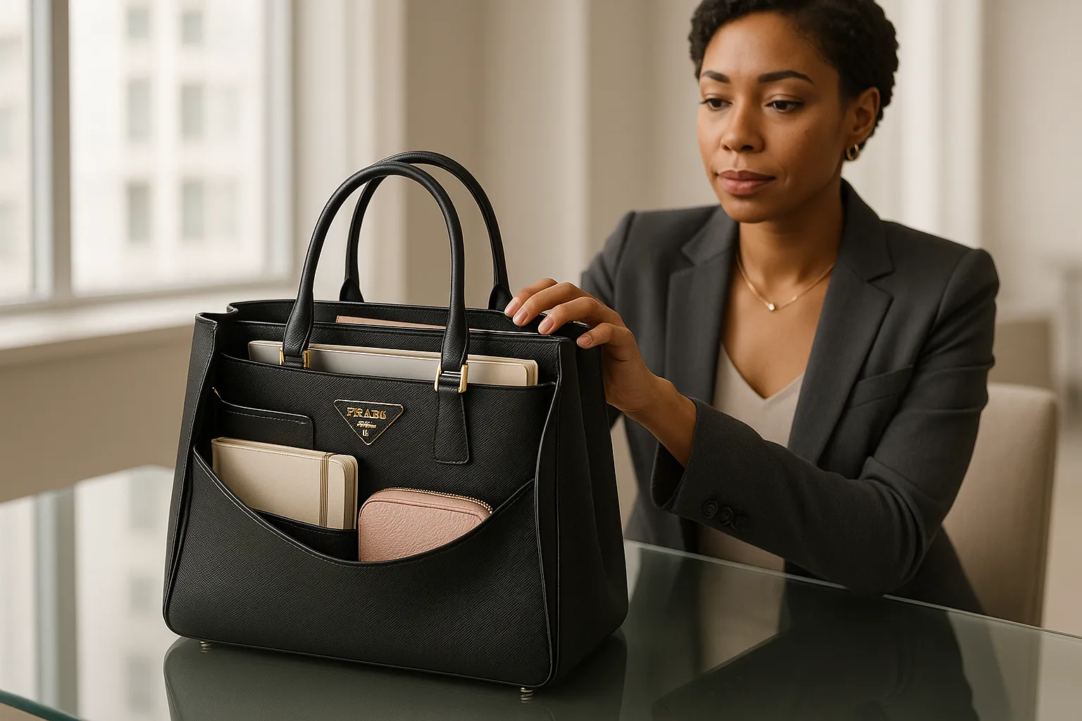 Professional woman with a Prada tote bag in a modern office.