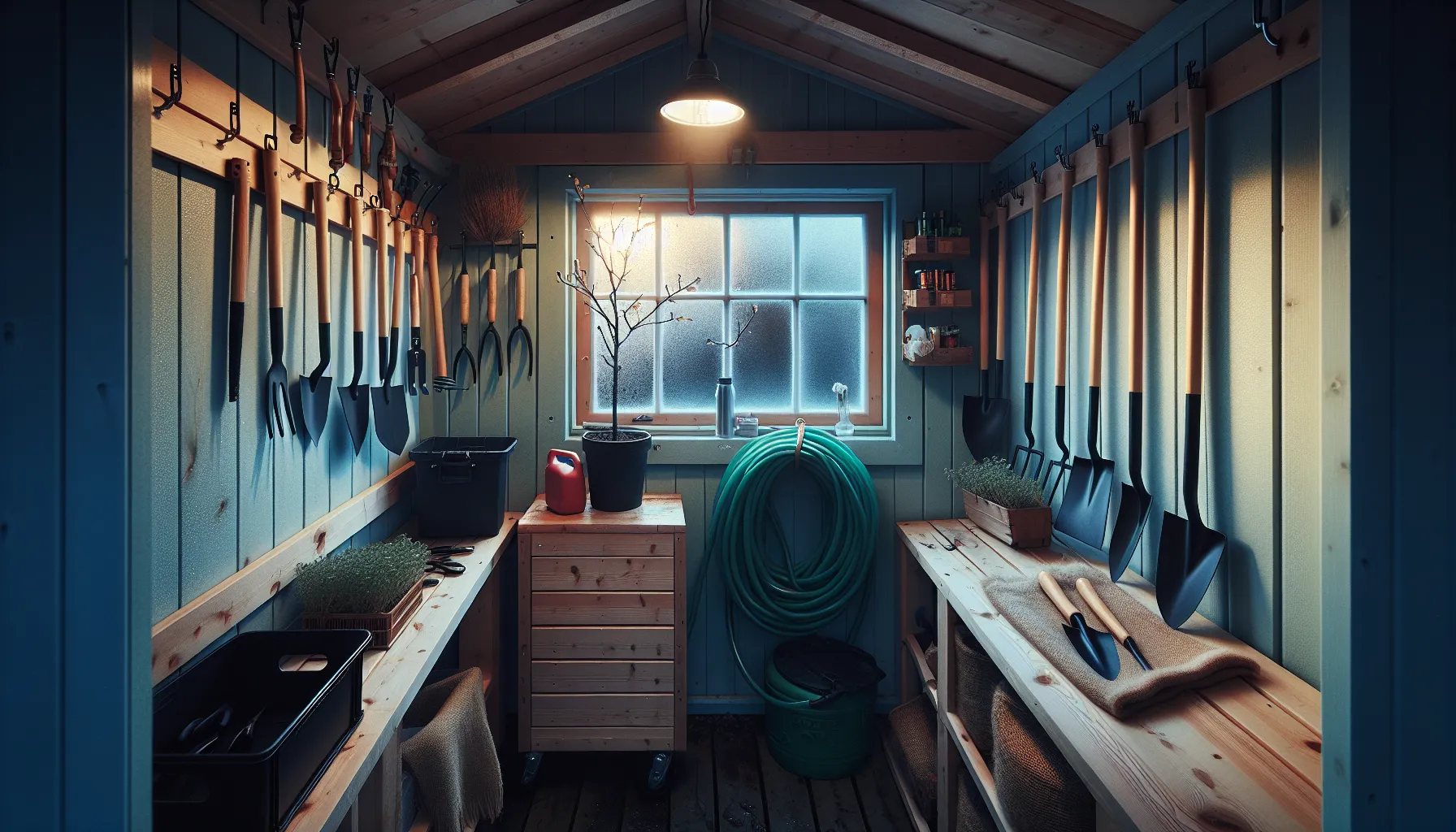 Hvordan oppbevare hageutstyr og planter om vinteren 1 Organized norwegian shed with tools hung, hose coiled, and wrapped potted plants.
