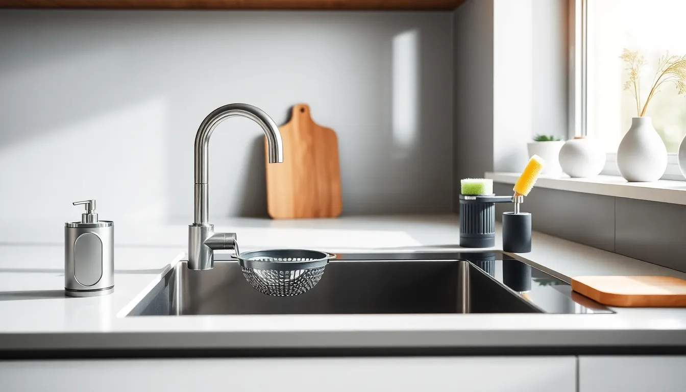 organized kitchen sink with various innovative gadgets.