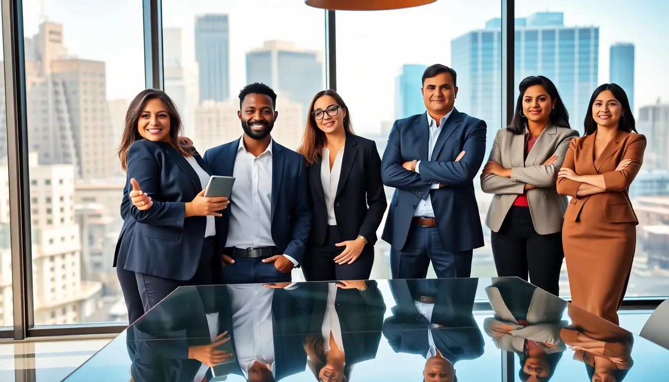a diverse leadership team from Home Rocket Realty in a modern office.