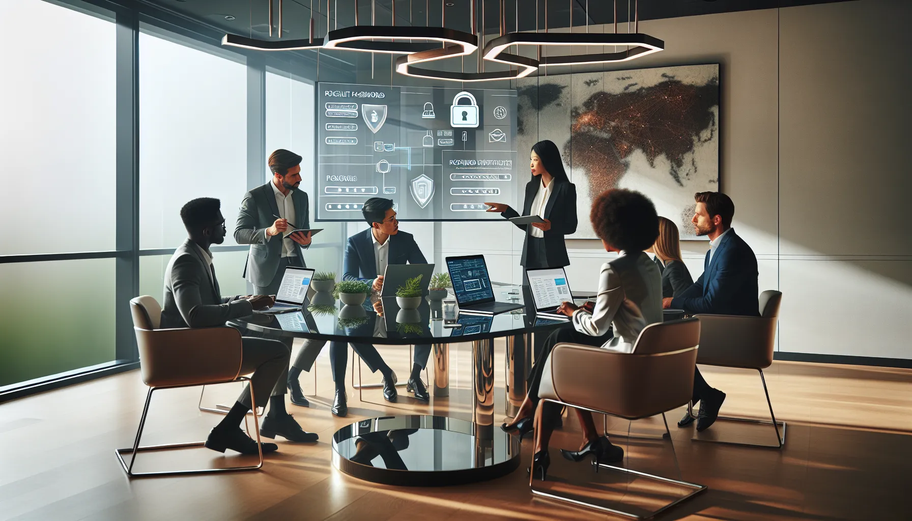 diverse team discussing Polr6 account security in a modern office.