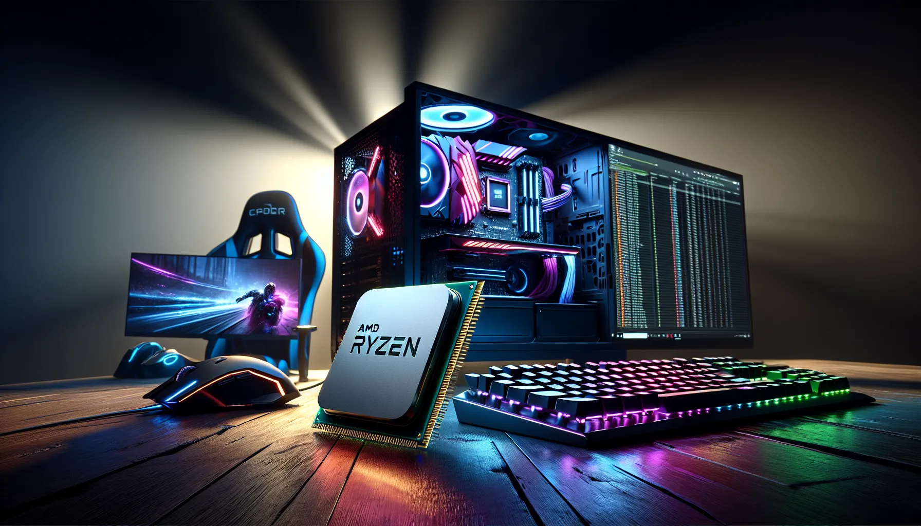 A gaming setup comparing AMD and Intel processors with vibrant peripherals.