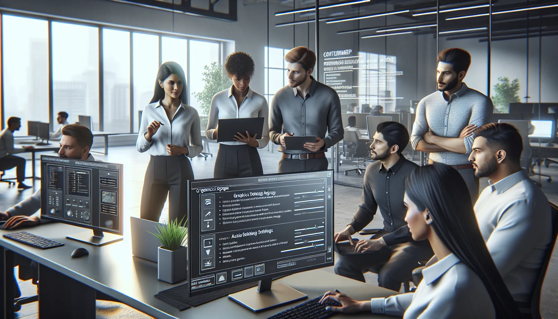 diverse IT team troubleshooting Pblemulator in a modern office.