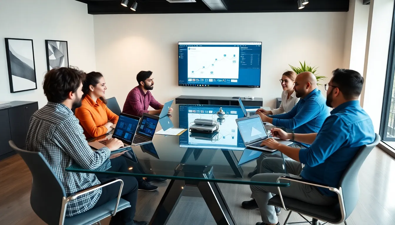 diverse team collaborating on Azure DevOps in a modern office.
