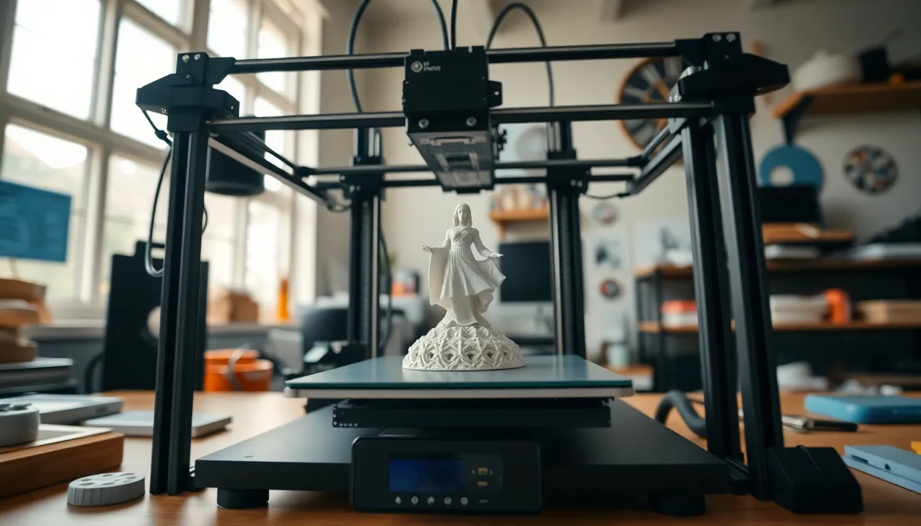 3D printer with a detailed model and an accompanying raft in a workshop.