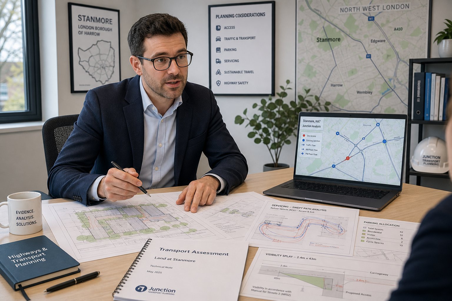 Traffic engineer reviewing planning and transport documents in a modern office.