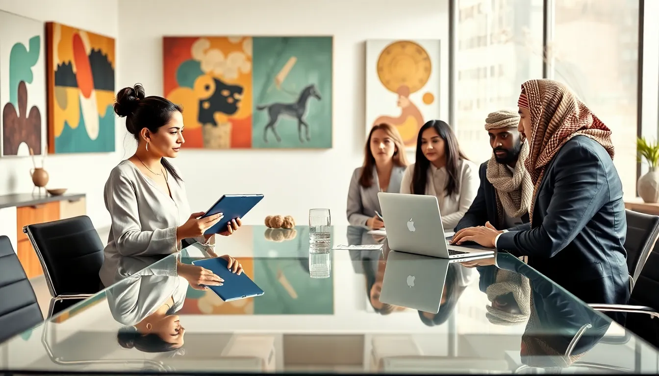 diverse group brainstorming in a modern office setting.