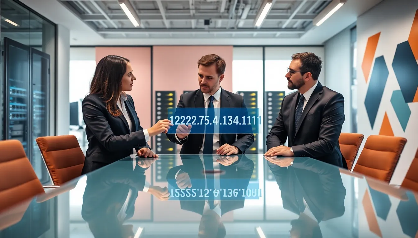 professionals discussing IP address concepts in a modern office.