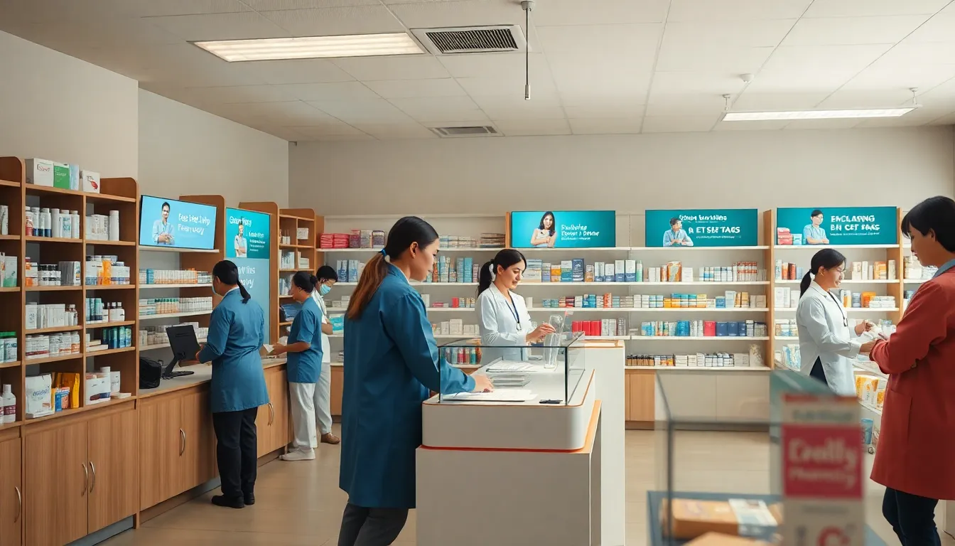 modern pharmacy interior showing professionals assisting customers.