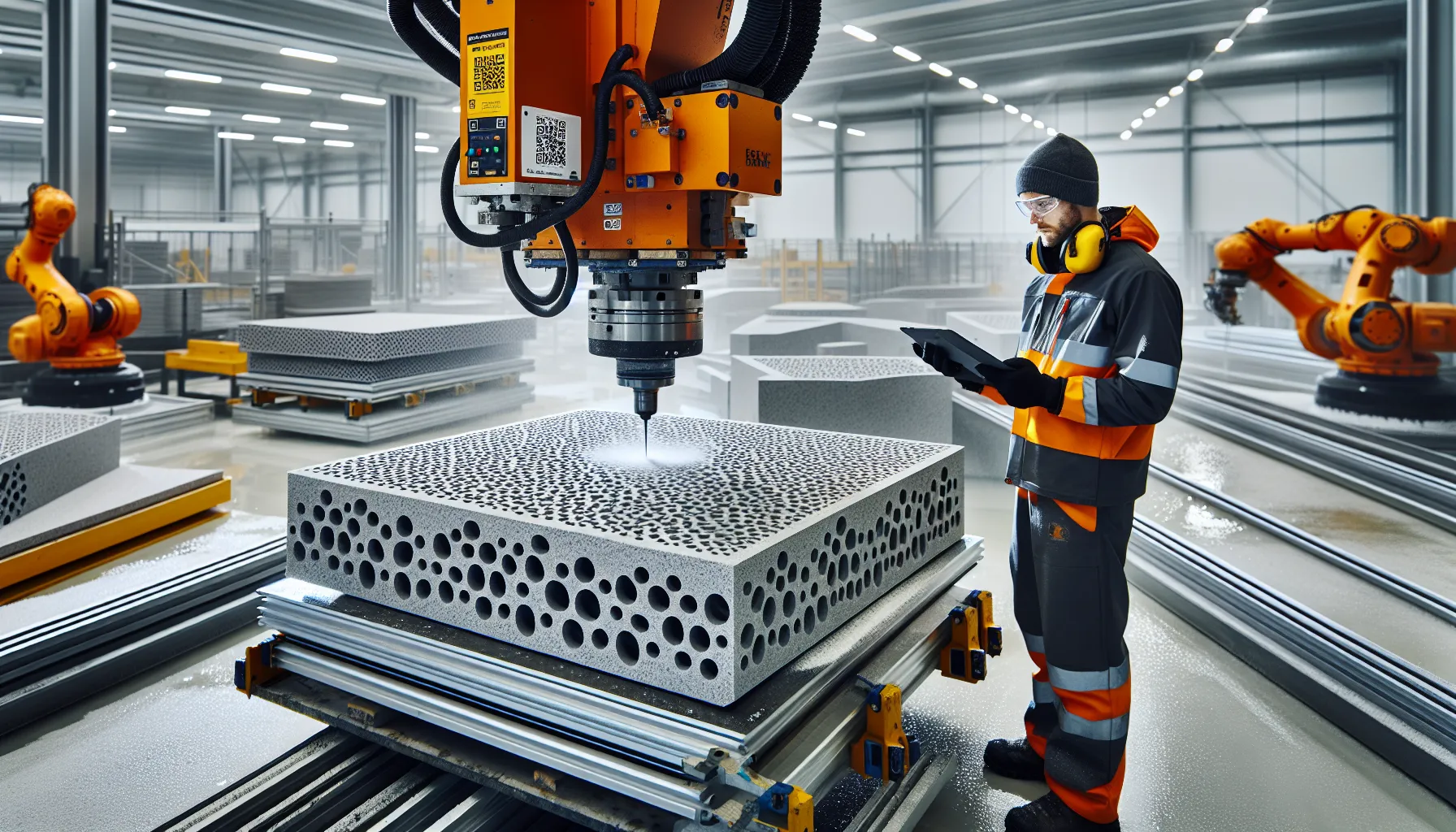 Robot mills perforated granite panel as norwegian technician scans traceability label.