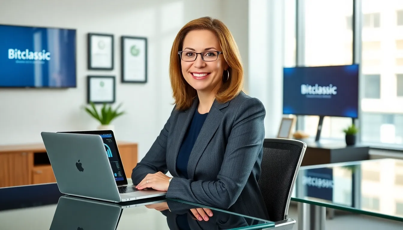 Stacy Klinger in a modern office, showcasing her expertise and accomplishments.