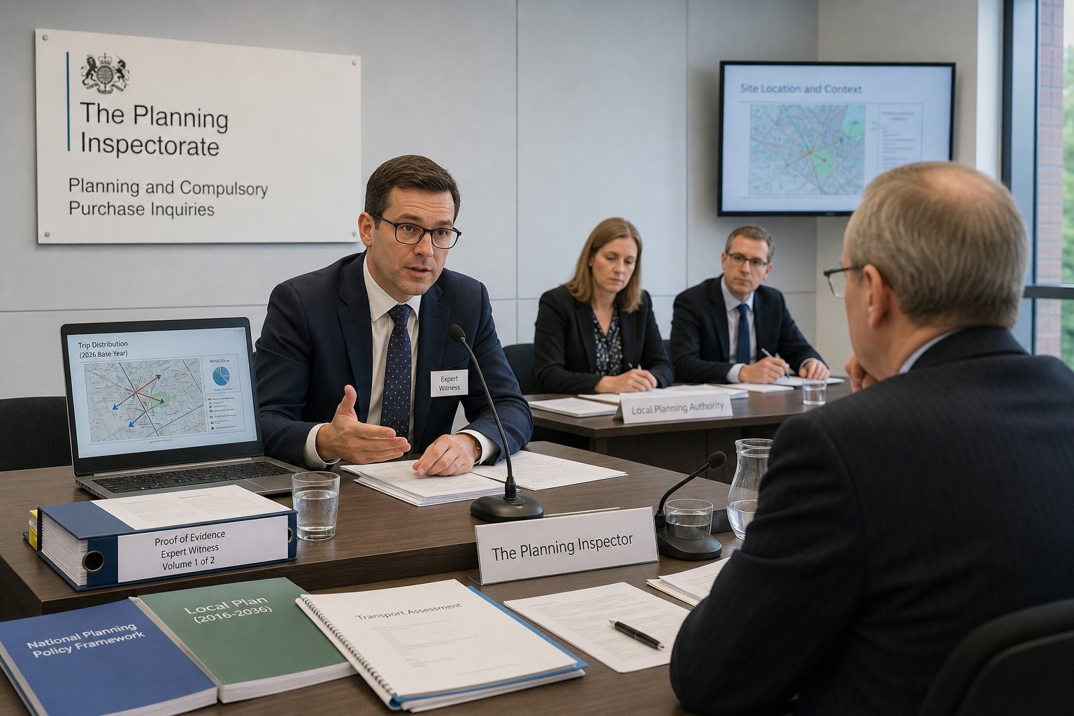 Expert witness presenting evidence at a UK planning inquiry hearing.