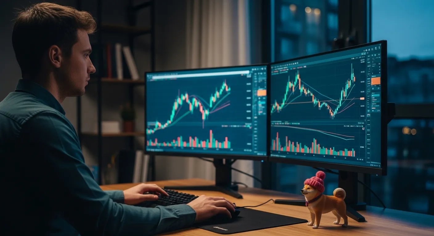 A crypto trader analyzing charts on multiple screens with a small dogwifhat figurine nearby.