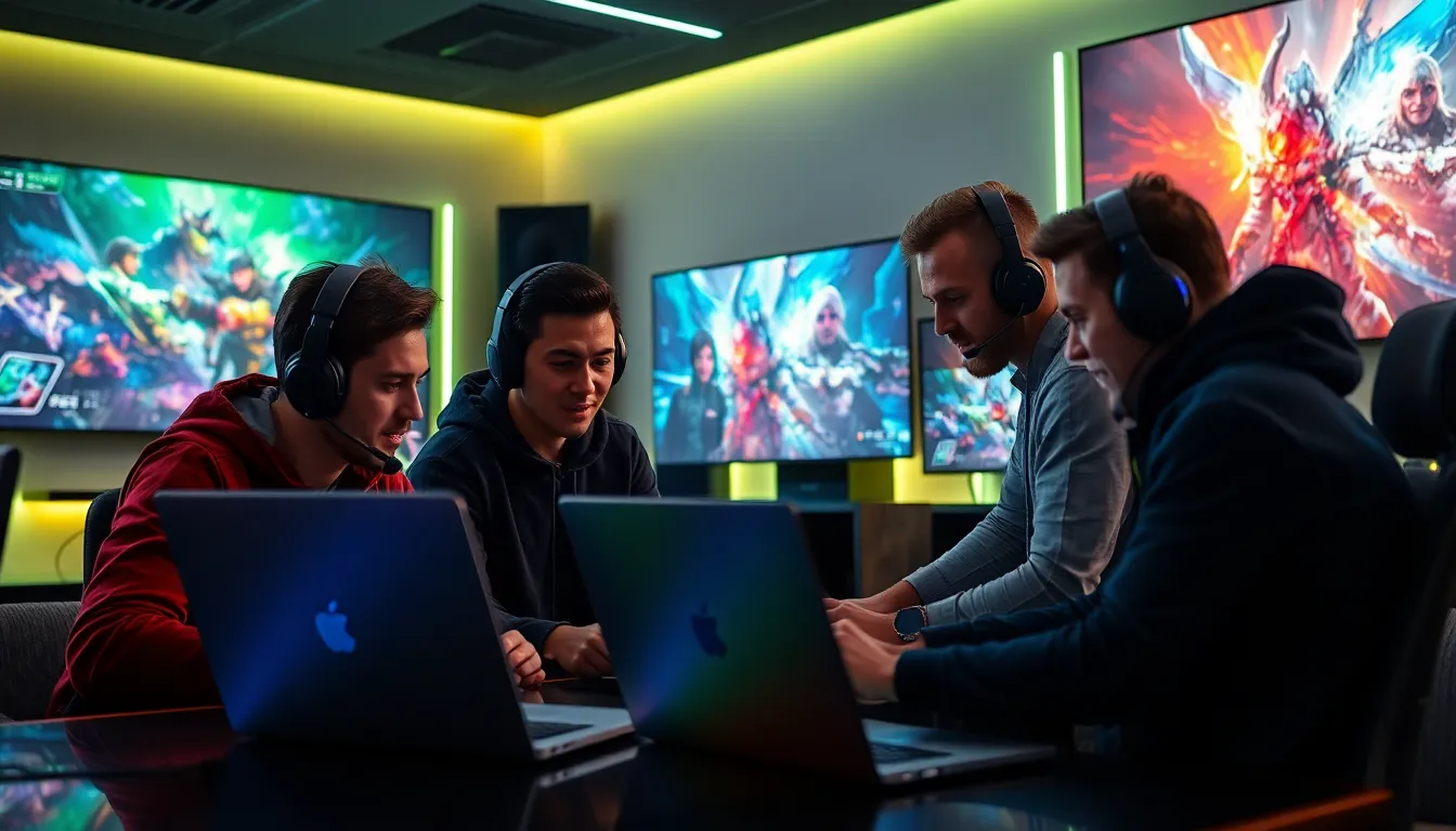 diverse gamers collaborating during a raid in a modern gaming lounge.