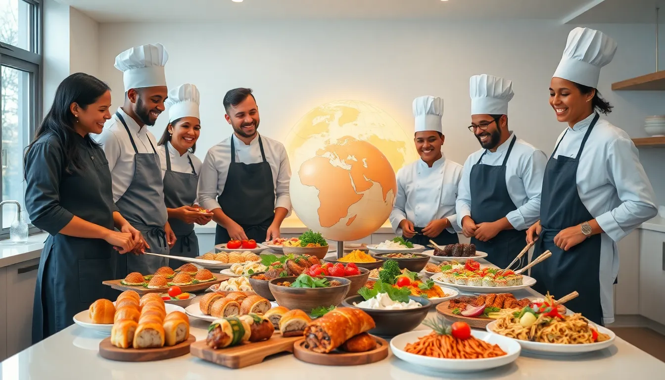 diverse chefs collaborating over global culinary dishes in a modern kitchen.