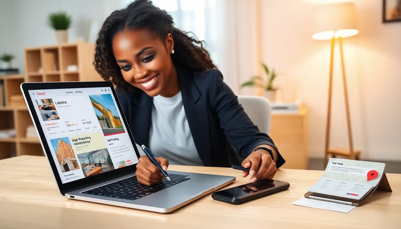 Person reviewing diverse digital listings on a laptop at a sunny home office desk.